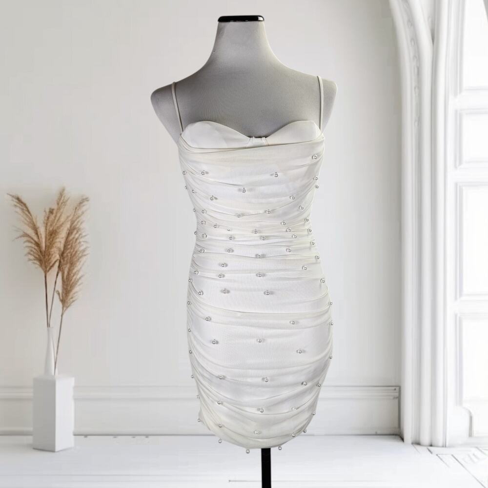 Privy Pearl Embellished White Bodycon Mini Dress Bachelorette Bridal Shower M